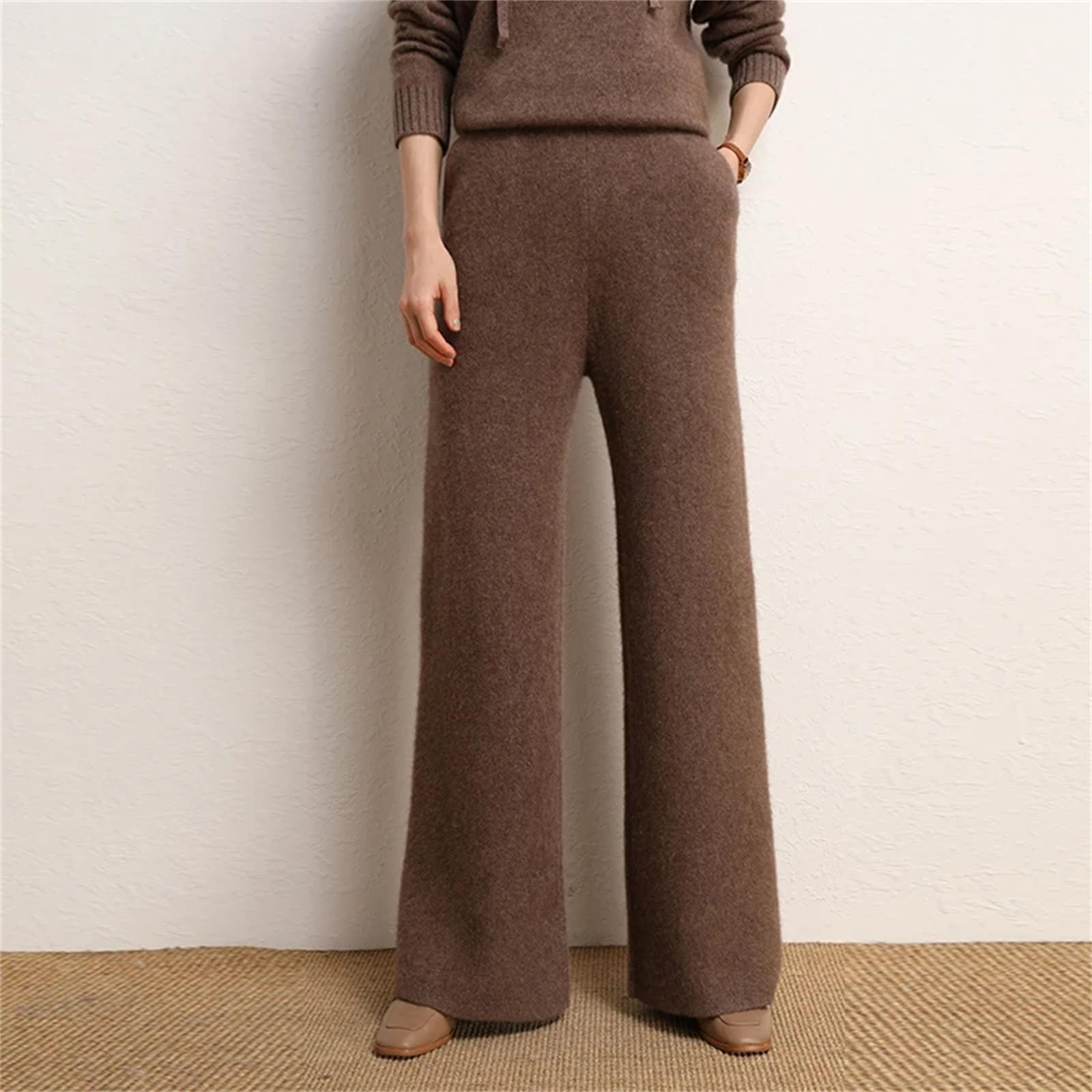 FULBHPRINT Autunno Inverno Donne 100% Cashmere Pantaloni A Vita Alta Maglia Cashmere Pantaloni Addensare Gamba Larga Leggings