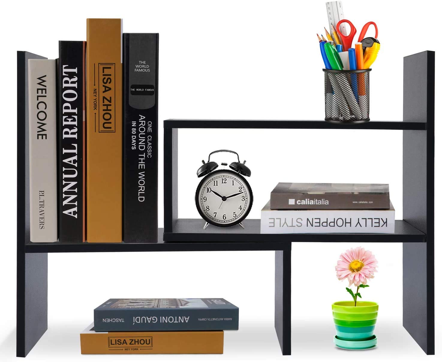 Hossejoy - Estantería ajustable de madera, organizador de almacenamiento de escritorio expansible, estante de exhibición, suministros de oficina, organizador de escritorio, negro