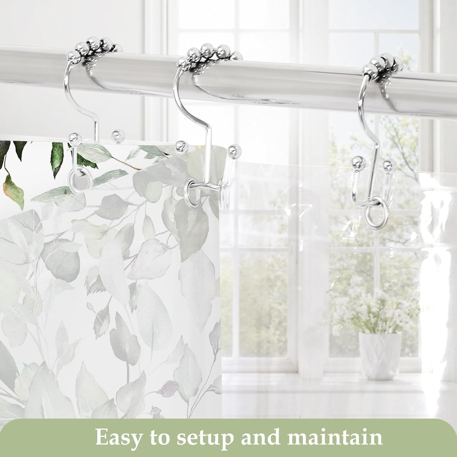 Gibelle Extra Long 3 in 1 Shower Curtain Set, Watercolor Eucalyptus Bath Curtain and PEVA Liner Set with 12 Metal Hooks, Waterproof Fabric Bathroom Curtain 72x84, Sage Green