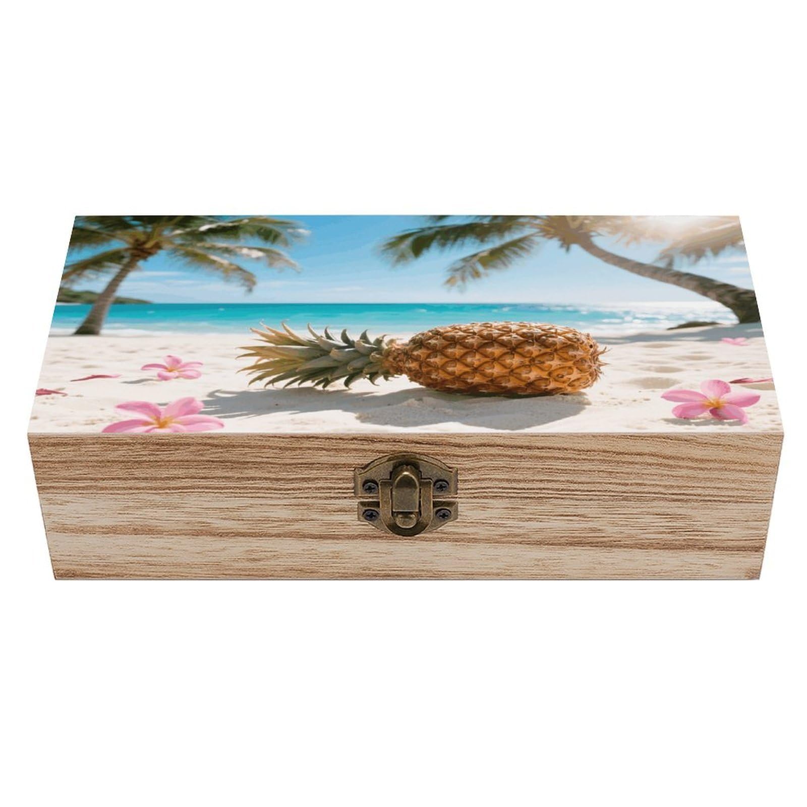 VstaDank Tropical Pineapple Hawaiian Wooden Storage Box Vintage Style Wooden Storage Case with A Hinged Lid Memory Treasure Boxes Decorative Jewelny Photos for Organizer 7.9 * 3.7 * 2.3 Inch