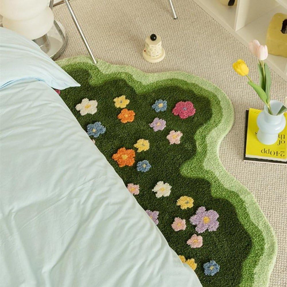 Wellenförmiger Grüner 3D-Blumen-tufting-Teppich, Weicher Tufting-Sofa-Teppich, Saugfähig, rutschfest, Raumboden, Fußmatten, Nachttisch-teppiche, Fußpolster, 60 X 120 cm
