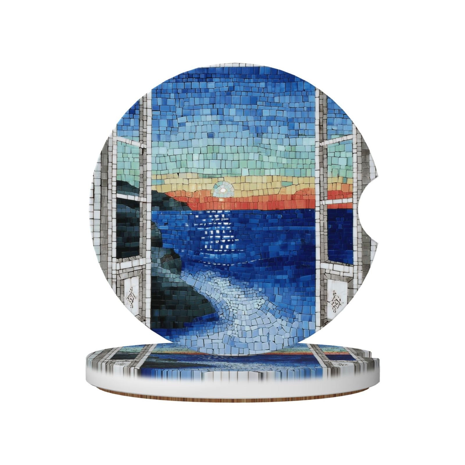 Open Window with Sea View Mosaic Art Ceramic Coasters,2pcs