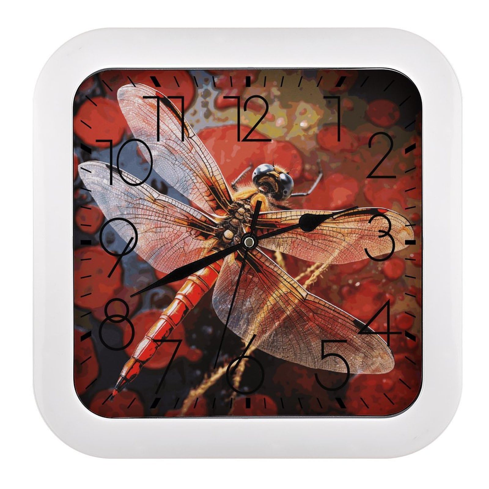 LDGSUPH Red Dragonfly Wall Clock Silent Non-Ticking Modern Clock Personalized Vintage Square Clocks for Travel Office Kitchen Home Decorative Clocks 10.2 Inch