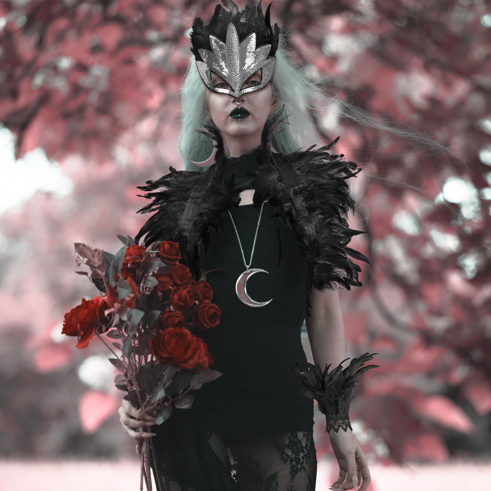 HONMOK 3 Pcs Halloween Black Feather Cape Shawl with Feather Wrist Cuffs Mask, Maleficent Costume for Women, Black Evil Queen Fancy Dress Accessories for Halloween Gothic Crow Black Swan Outfit - Image 4