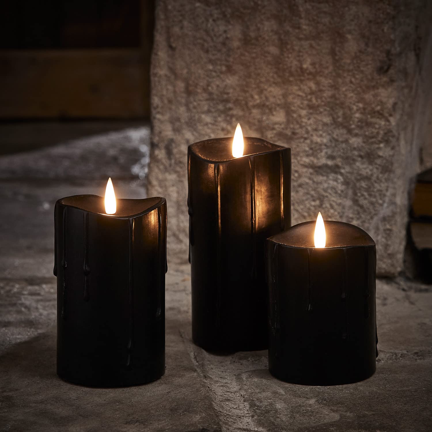 Lights4fun Set di 3 Candele in Cera Nera Effetto Colante TruGlow® con LED Bianchi Caldi a Pile per Arredo Interni