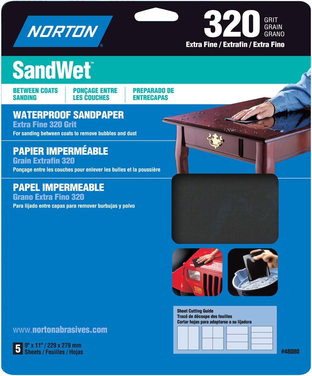 Norton 48080 Sand Wet Sandpaper 320 Grit, 9-Inch x 11-Inch, 5-Pack