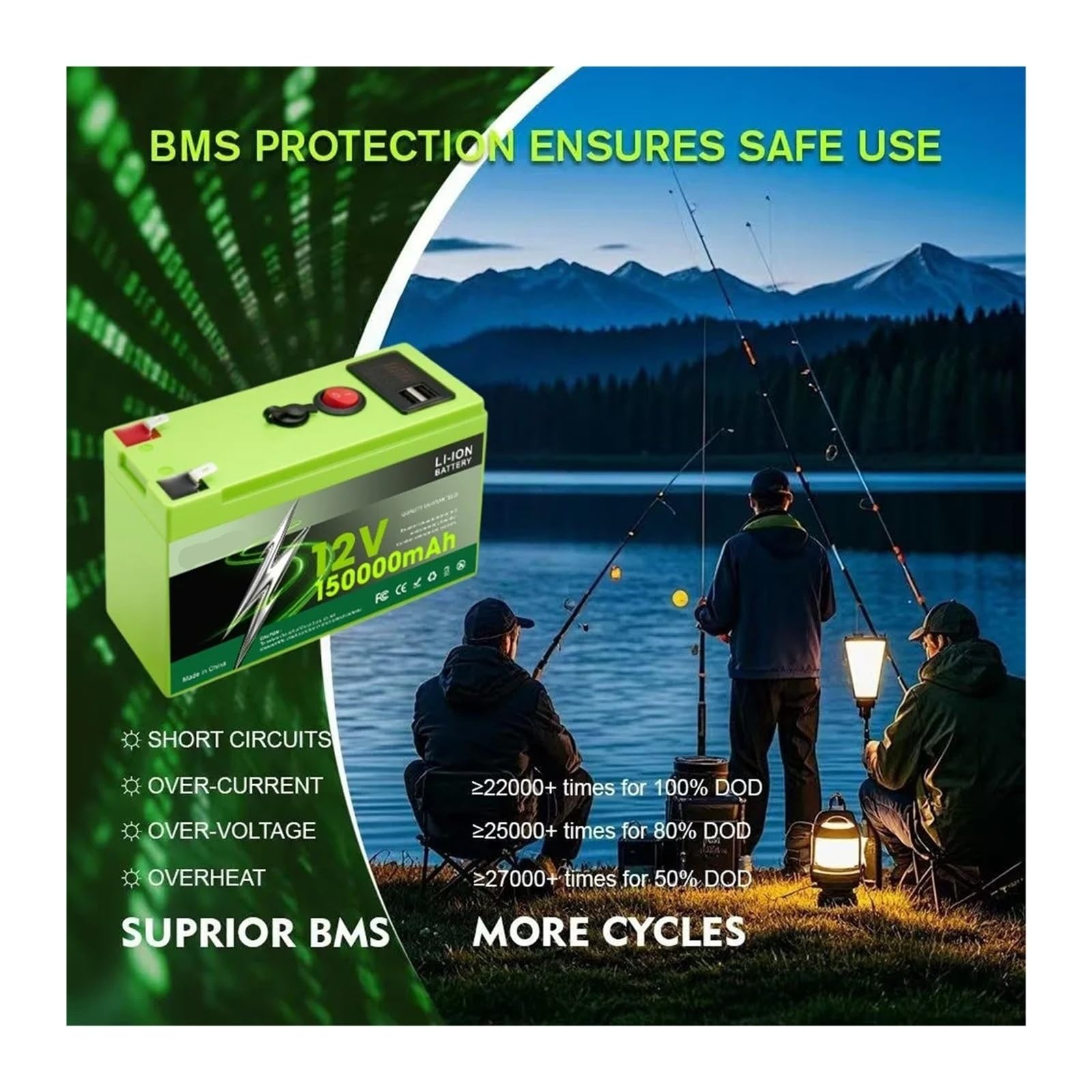 Batteria Al Litio Ferro Fosfato Da 150 Ah 12 V LiFePO4 Ad Alta Capacità | For camper, camper, energia solare esterna off-grid(100Ah x1-charger x1)