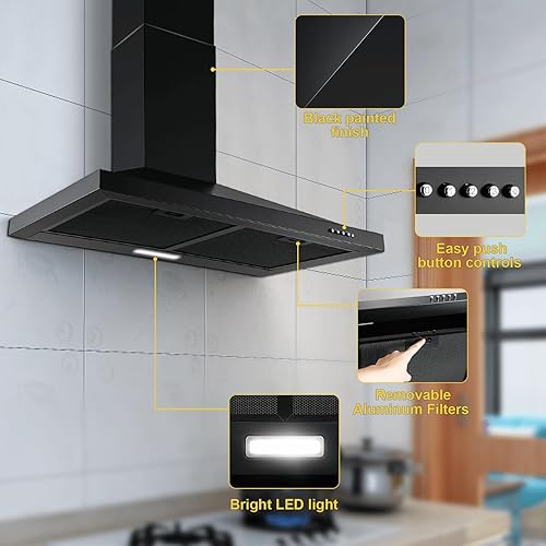 Miniatura 9 de SNDOAS Campana extractora negra de 36 pulgadas, campana extractora de acero inoxidable para montaje en pared, ventilación de campana de cocina con
