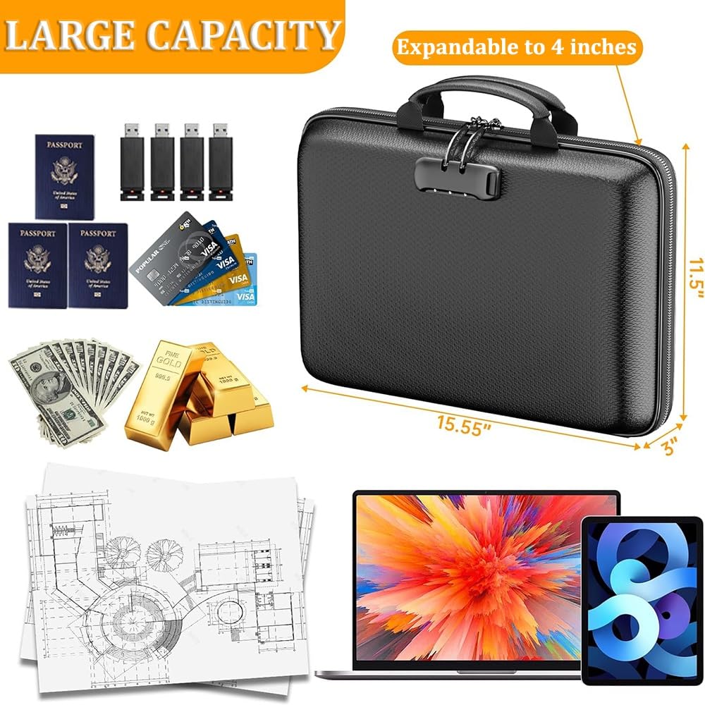 Organizer per documenti ignifugo con serratura, impermeabile, formato A4, con 13 tasche espandibili, sistema di archiviazione portatile per banconote, ricevute e certificati