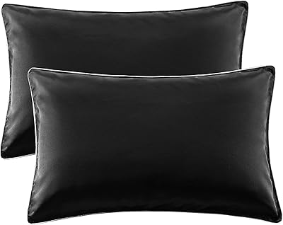 AKEFUN Satin Pillowcase for Hair and Skin，Queen Pillow Cases Set of 2 (20 x 30 inches), Pillowcases Queen Size with Envelope Closure Pillow Cover, Black.