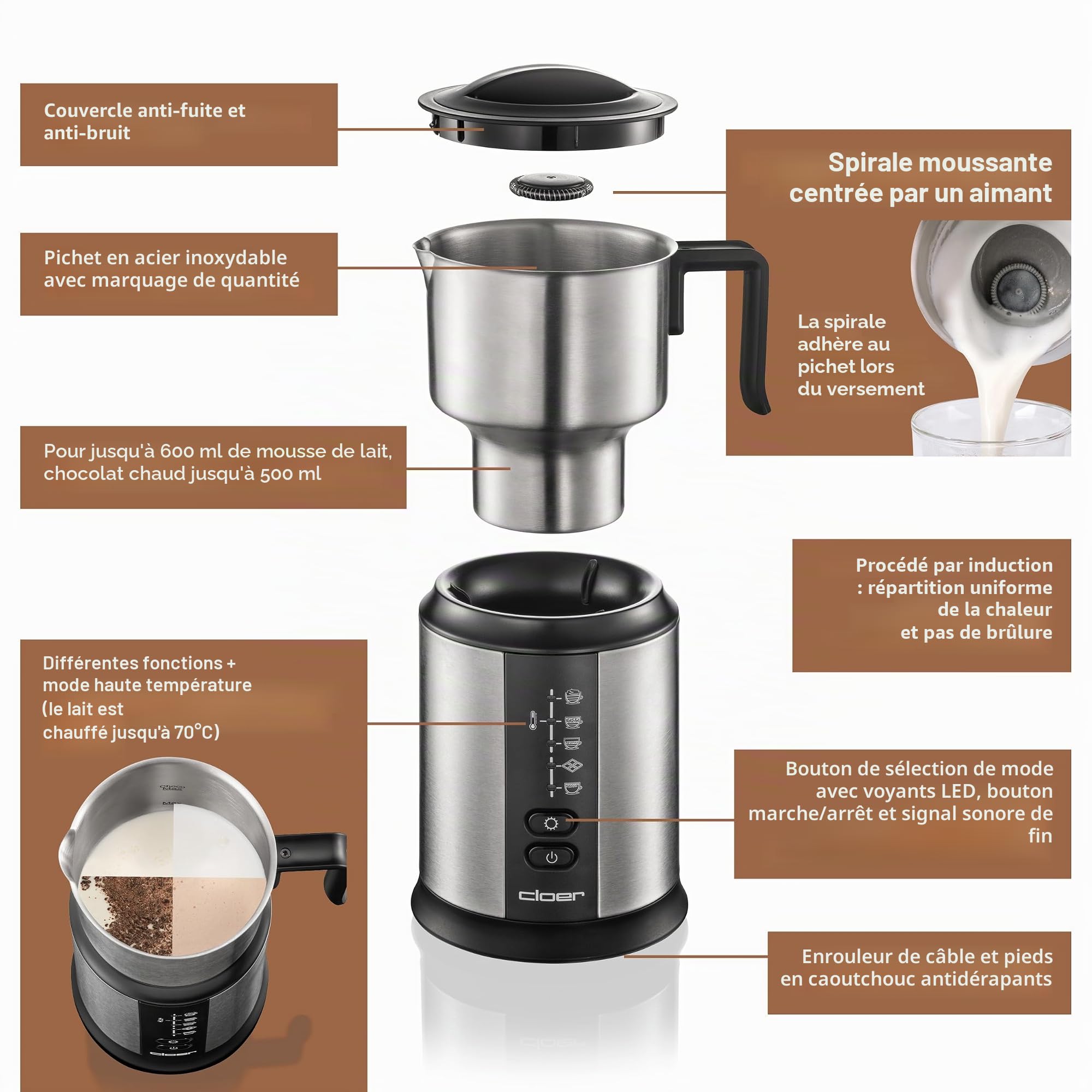 Cloer 7789 Mousseur à lait à induction XL800, mousse de lait 600 ml, chocolat chaud 500 ml, récipient 800 ml, commande électronique, 500 W, bobine de mousse magnétique, verseuse en acier inoxydable