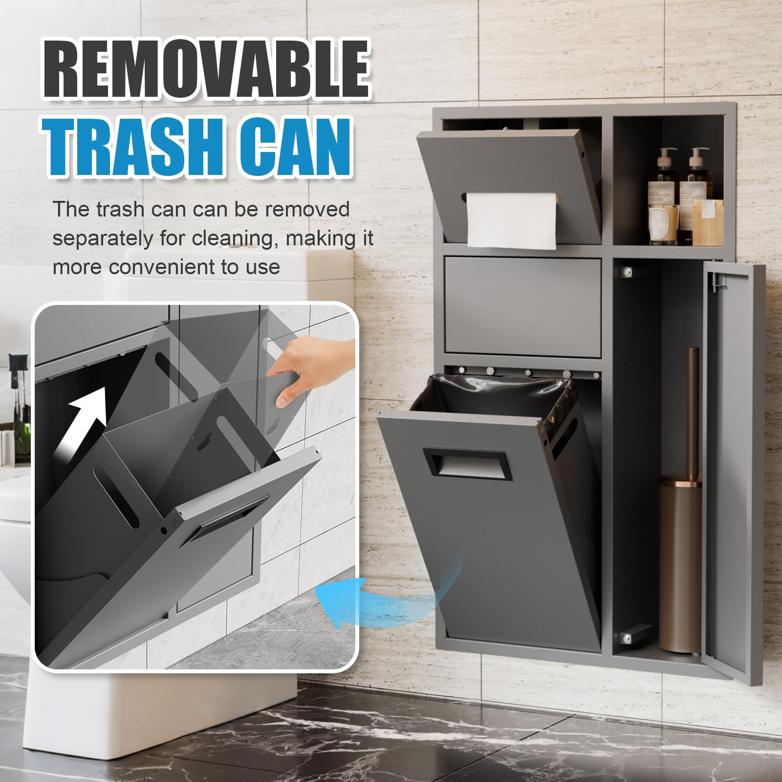 MSFE Portarrollos de Papel Higiénico Empotrado,4 en 1 Nicho de Acero Inoxidable con Porta Pañuelos, Estante,Papelera y Armario para Escobillas de Baño para Baños y Aseos,67 * 40 * 14.13 CM