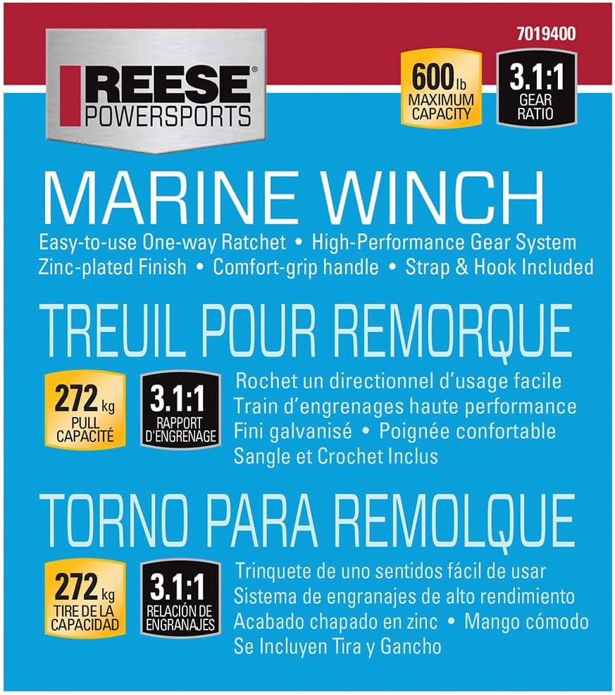 Reese Towpower 7019400 Boat Trailer Winch, 600 lbs. Capacity, Single-Speed Hand Crank Winch, High-Performance Zinc Finish, 15 Foot Strap