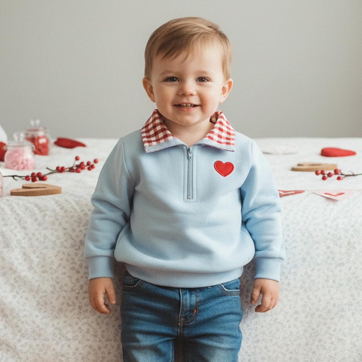 Toddler Boy Girl Valentines Day Outfit Heart Embroidery Sweatshirt Lapel Neck Pullover Shirt Top Kids Spring Clothes - Image 2