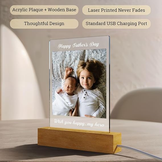 Personalized Photo Lamp 3D LED Light Engraved Name Words Custom Light Up Sign Acrylic Plaque Wooden Stand Night Light Table Lamp for Mom Dad Boys Girls Birthday Anniversary Father's Day Wedding Gift