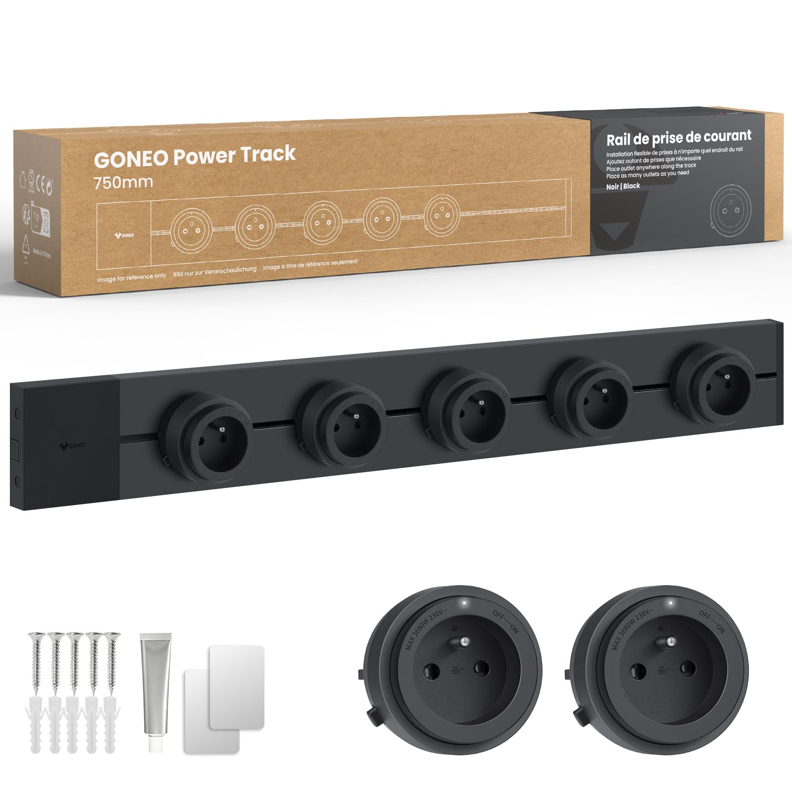 GONEO Rail de Prises modulable Mural 75 cm, multiprise électrique avec 5 adaptateurs et interrupteurs, 16A 3680W, 2P+T, Extensible jusqu'à 8 Prises, idéal pour Cuisine, Salon, Lieu de Travail