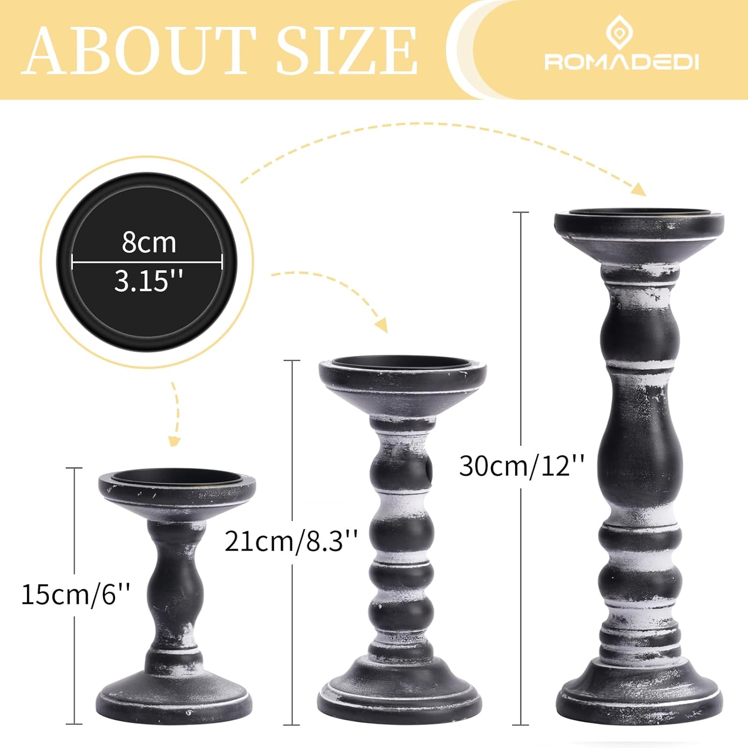 Candle Holder for Pillar Candles: Romadedi Set of 3 Decorative Wood Candlestick Holders, Rustic Wooden Candle Stand for Fireplace Mantle End Table Shelf in Farmhouse Style, Black 6”, 8.3”, 12”