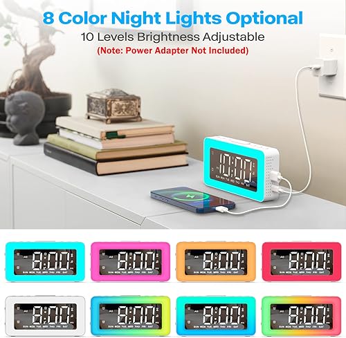 Miniatura 6 de Reloj despertador para dormitorios, reloj de espejo con 8 luces de ambiente RGB, alarma dual, 3 modos de alarma, repetición, ayuda para dormir,