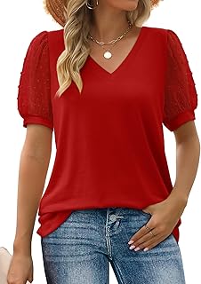 Aokosor T Shirts for Women V Neck Tops Ladies Swiss Dot Puff Sleeve Summer Tee