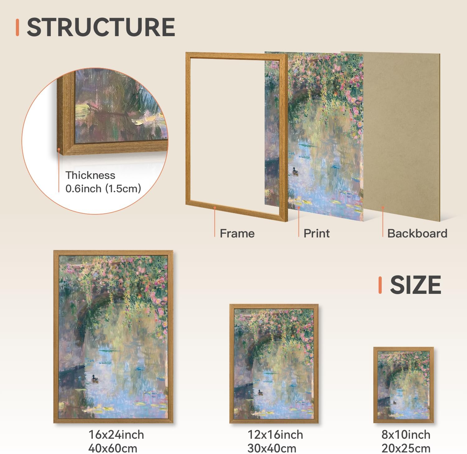 CAZLOUC Vintage Monet Water Lilies Wall Art, Rustic Still Life Canvas Painting, Impressionist Pond Duck Bathroom Decor, Botanical Floral Landscape Poster Print for Bedroom Wood Framed 16x24 Inch