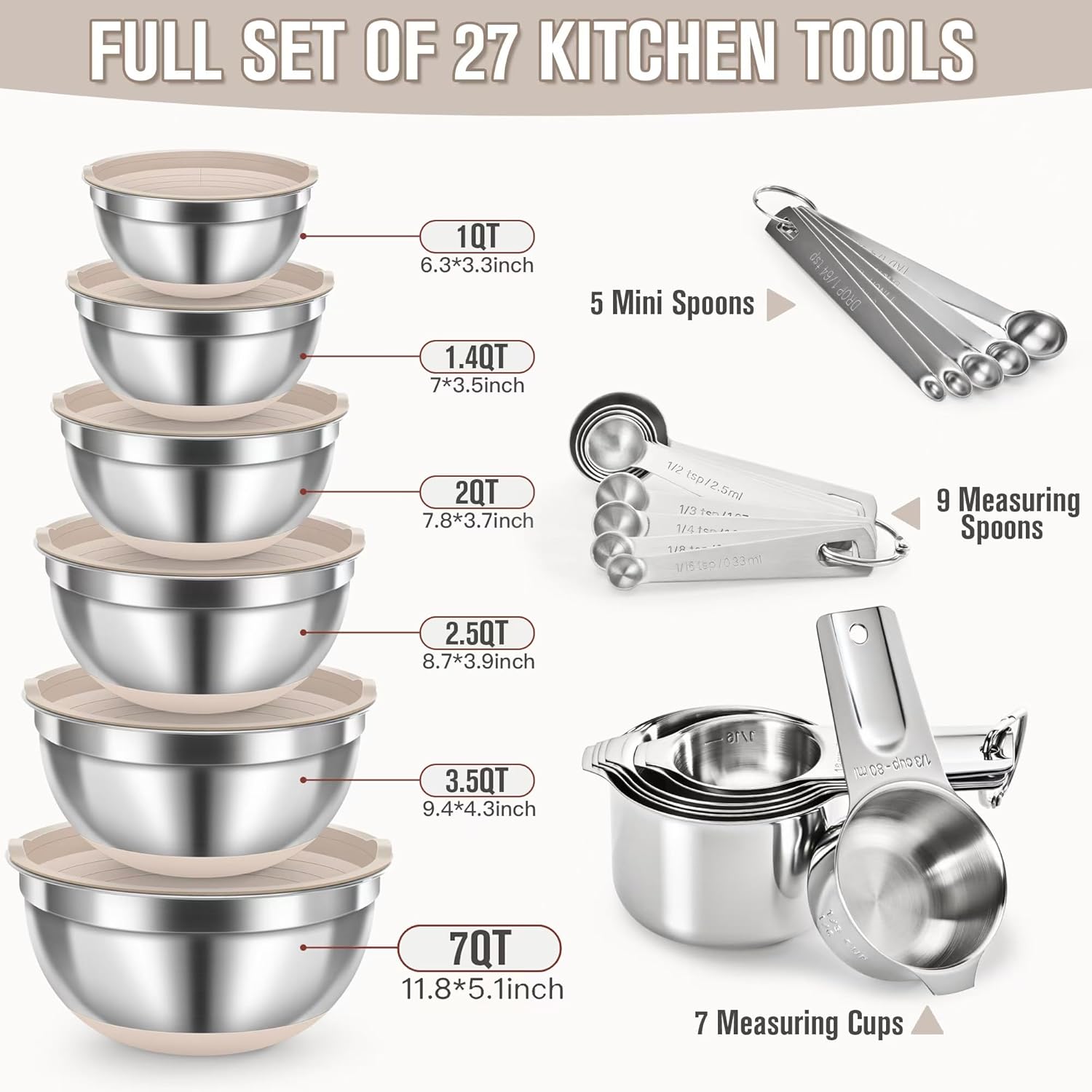 30PCS Mixing Bowls with Lids Set, 7QT to 1QT Stainless Steel Nesting Bowls with Graters, Non-Slip Silicone Bottom, Large Khaki Bowls & 21 Measuring Cups and Spoons Set Kitchen Appliances - Image 2