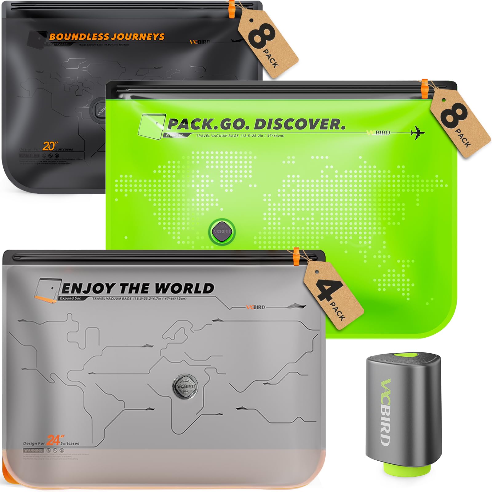 Vacbird Bolsas de almacenamiento al vacío con bomba recargable para viajes, paquete de 20