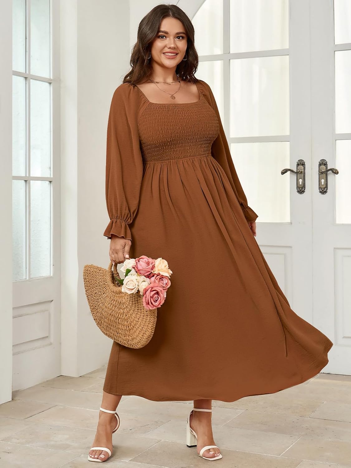 Women's Plus Size Maxi Dress Long Sleeve Square Neck Smocked Flowy A-Line Boho Wedding Party Maxi Dress - Image 7