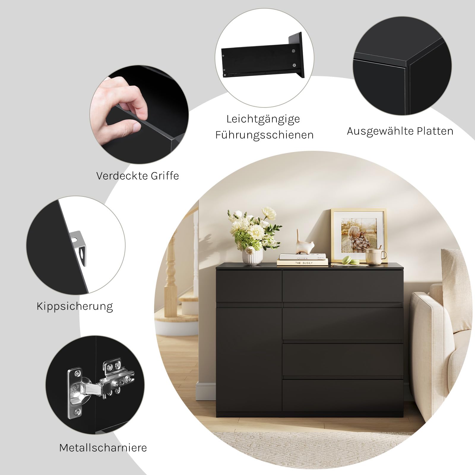 WOLTU Kommode schwarz, mit 5 Schubladen, 1 Schranktür, Moderner Schubladenschrank mit Verstellbarer Ablage, für Wohnzimmer Schlafzimmer Flur, 100 x 80 x 40 cm