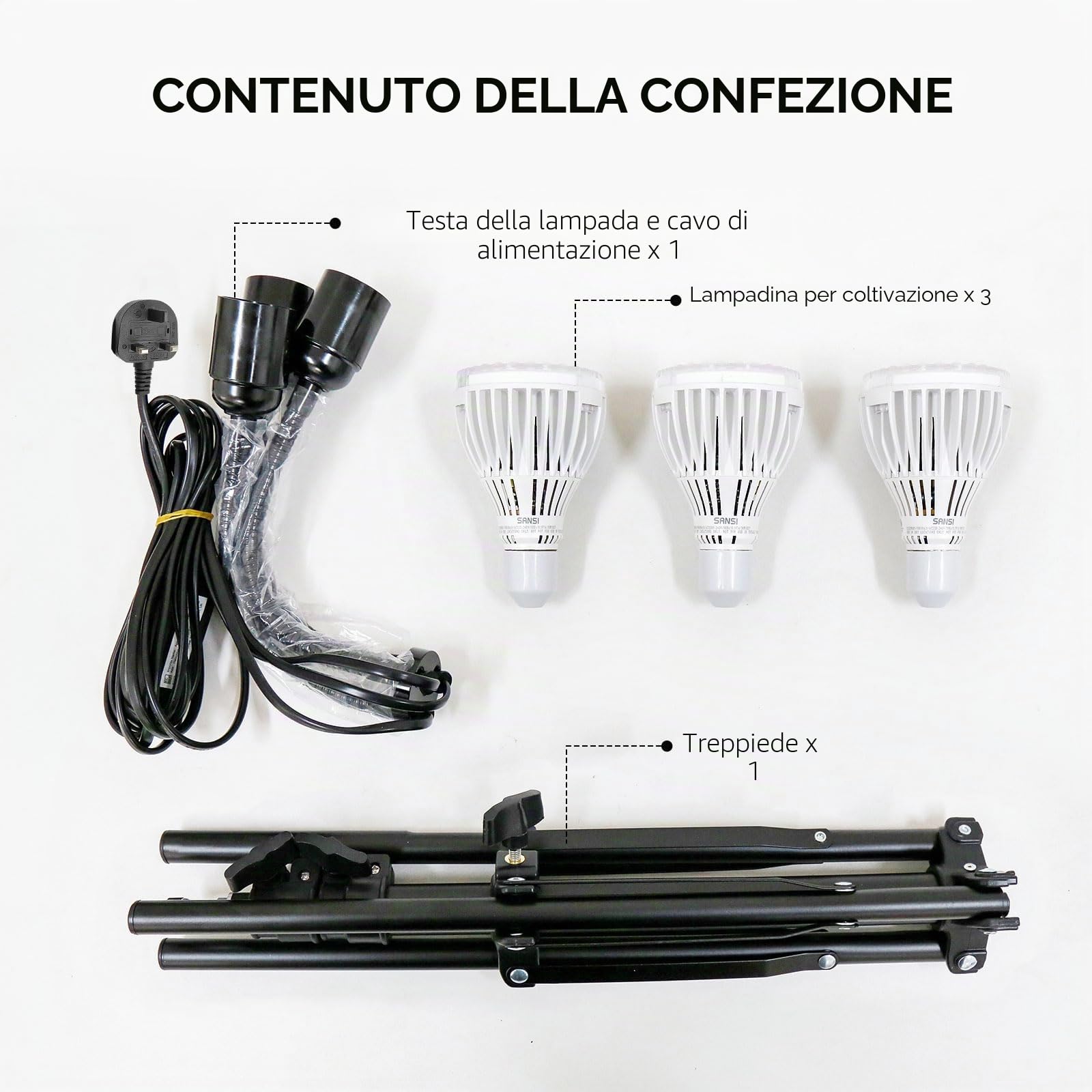 SANSI Lampada LED per Piante 90W con Treppiede, Lampada da Coltivazione a Spettro Completo da Interno con 3 Lampadine LED E27 Rimovibili, Collo D'oca a 360°, Stelo Estensibile da 40cm a 110cm