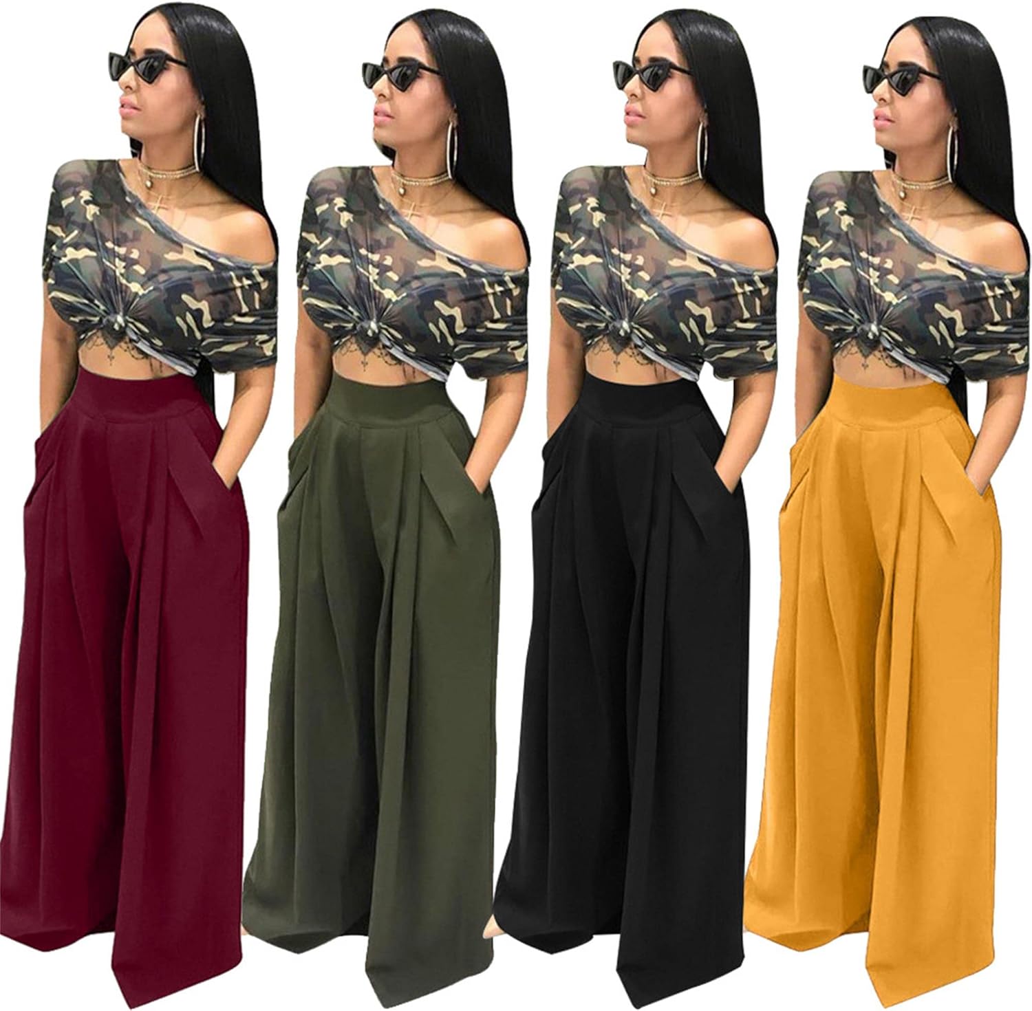 MESLIMA Palazzo Pants for Women High Waisted Wide Leg Stretchy Loose Fit Casual Trousers with Pocket - Image 3