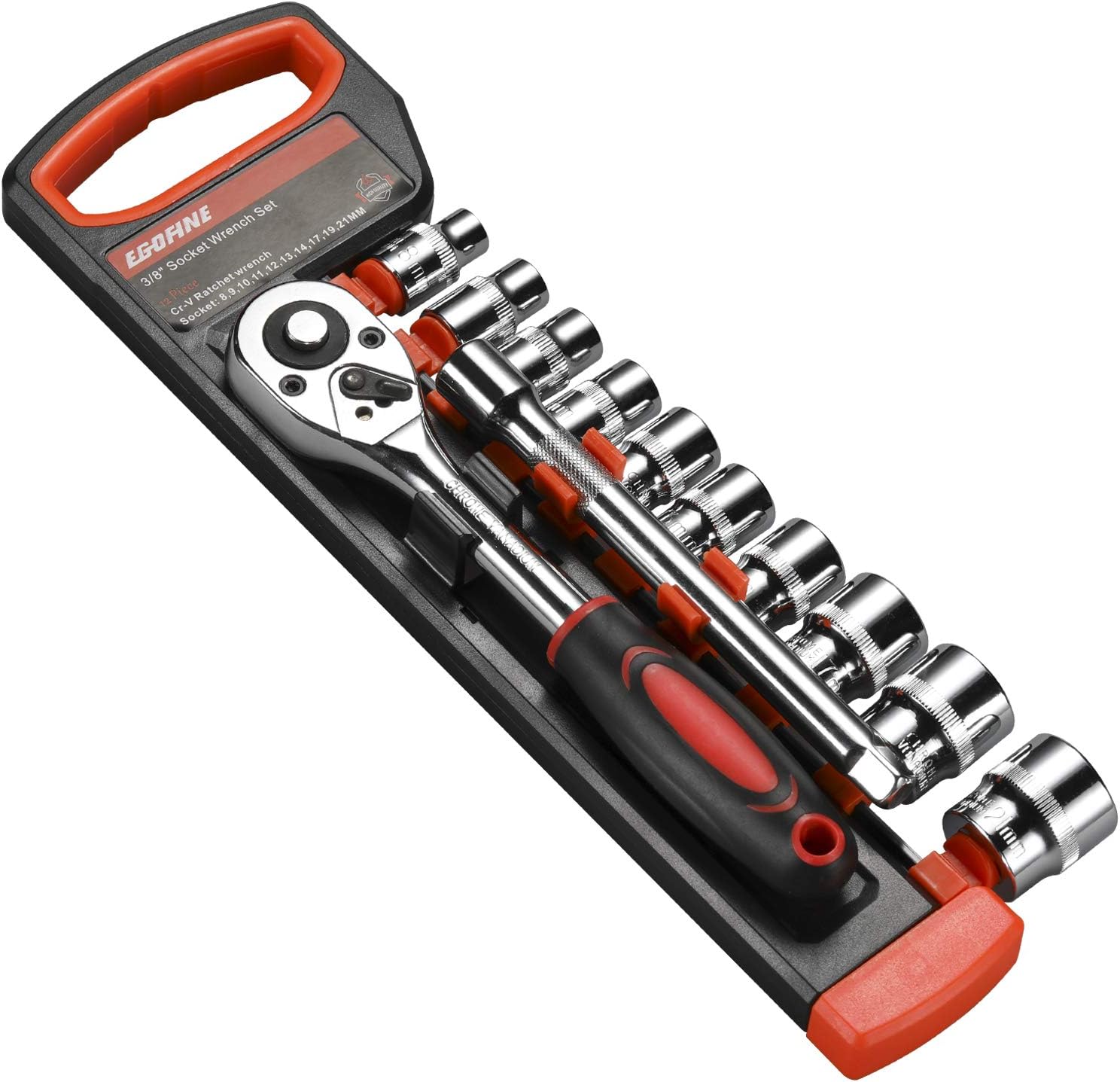EGOFINE12pcs 3/8 Inch Ratchet Socket Wrench Set, Drive Socket Set with 10 Sockets 8-14,17,19,21mm and 2 Way Quick Released Ratchet Handle and Extension Bar
