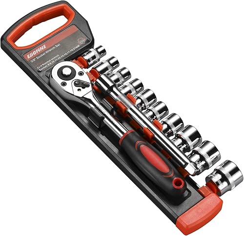 Egofine Juego de 12 llaves de trinquete de 3/8 pulgadas, juego de llaves de vaso con 10 enchufes de 0.315-14,17,19,21 in y mango de trinquete de