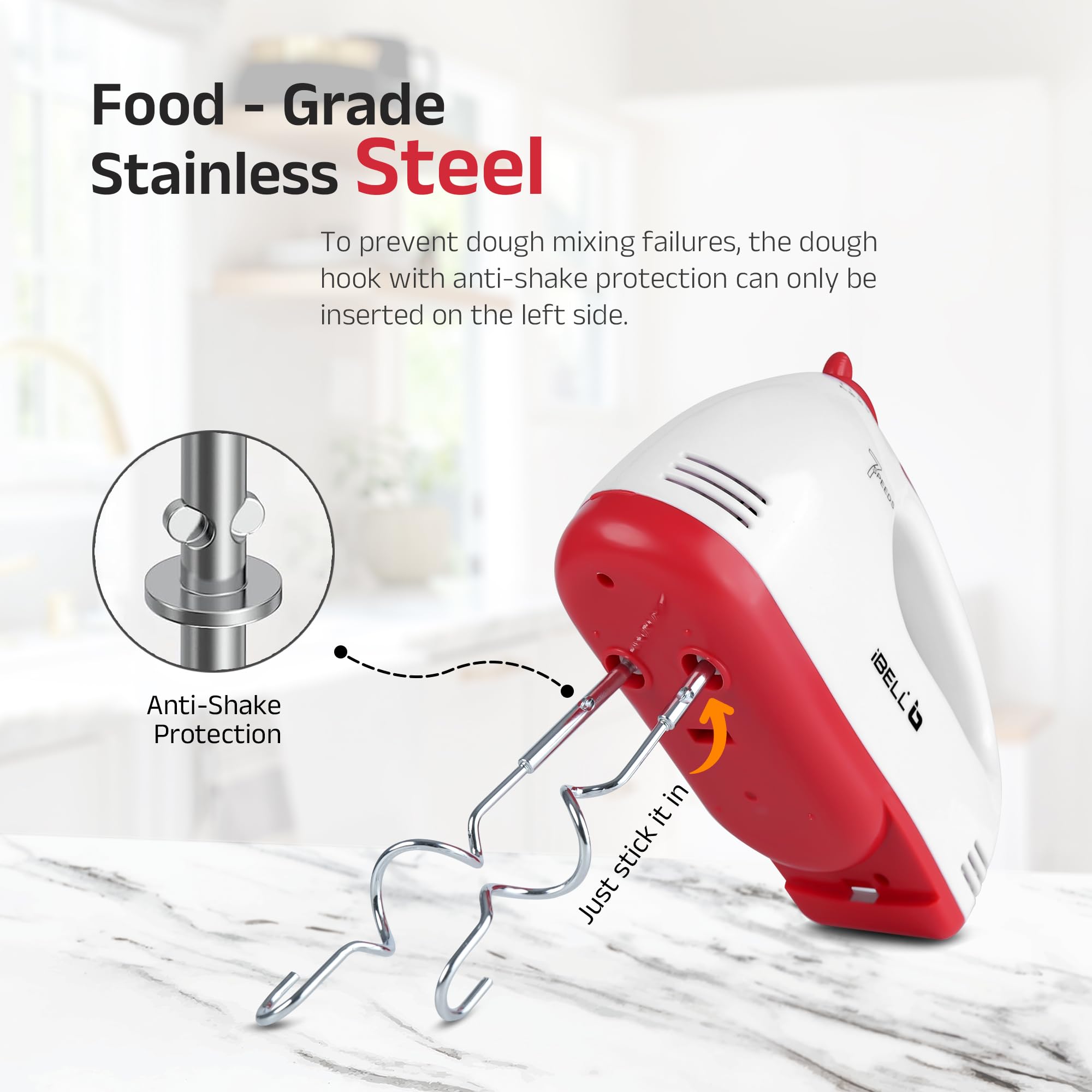 iBELL WHISK280 Hand Mixer, 280W, 7 Speed Control Plus Turbo, Beater/Blender/Electric Cream Maker for Cakes, stainless, Dough Hooks (White) 3