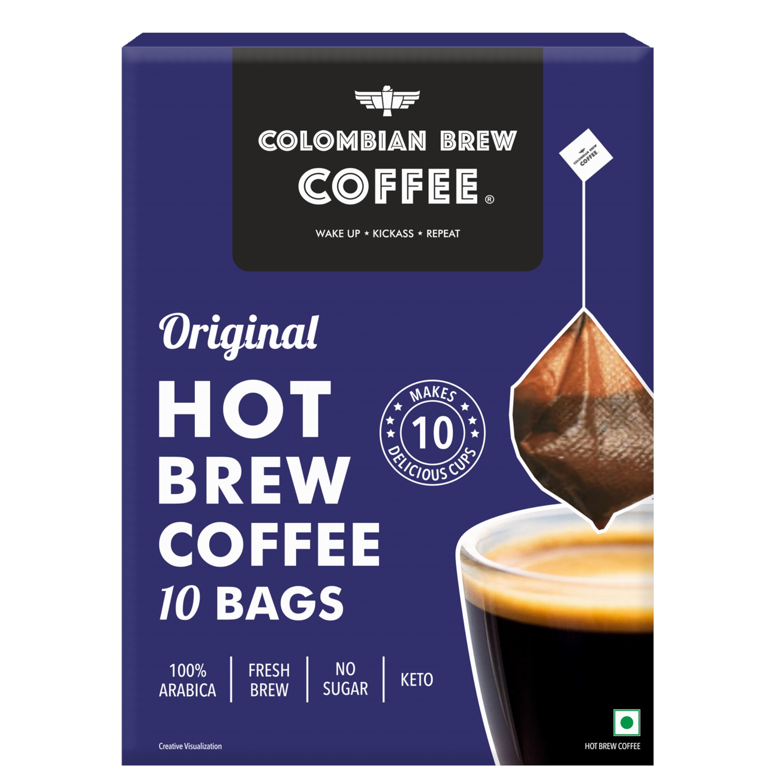 Coffee Arabica Original Hot Brew- 10 Bags Makes 10 Cups- No Sugar, Keto- Instant Black, Single Serve, Hot Beverage, Morning Drink