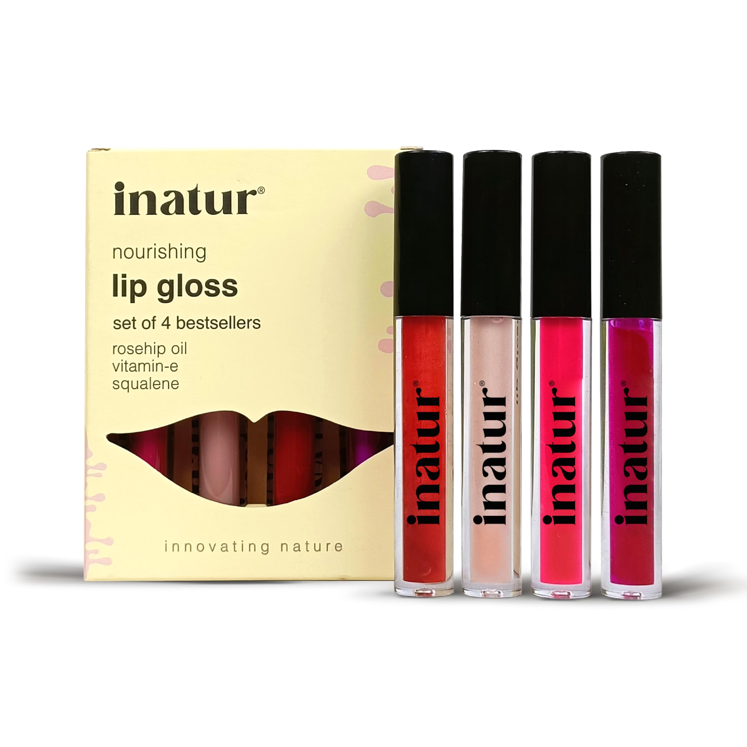 Lip Gloss Gift Set – Pack of 4 (2ml Each) Angelic, Cheeky Red, Glam Pink, Attitude – Natural, Long-Lasting, Non-Sticky & Hydrating – Lip Shine for Women & Girls