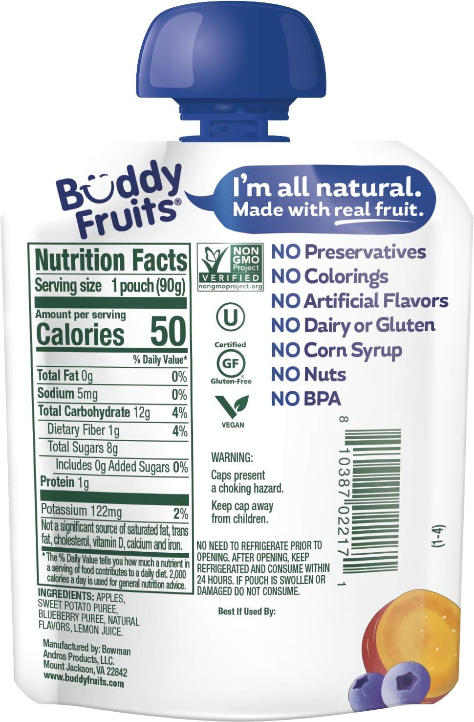 Buddy Fruits & Veggies Snacks To Go Blueberry Sweet Potato Unsweetened Applesauce 3.2oz (18pk) Gluten-Nut-Dairy-Preservative-BPA Free, Non GMO, Kosher