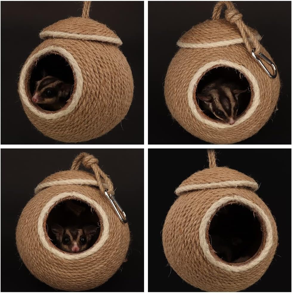 Sugar Glider House Natural Coconut Shell Hemp Rope Hut Hide Out Nest for Sugar Glider Hamster Squirrel Bird Parakeet,Cage Habitats Decor, Bird Cage Toy (Metal Hook)