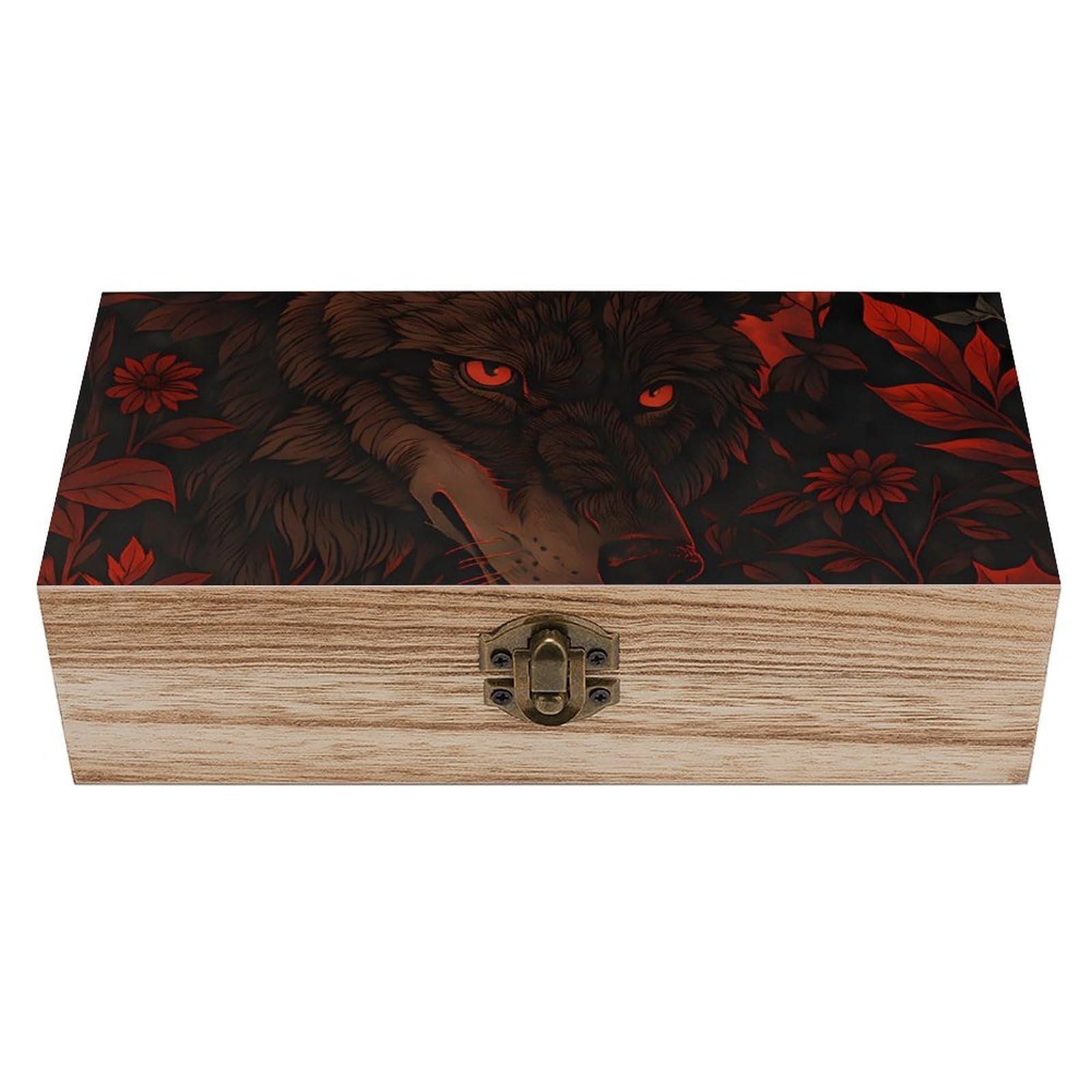 HLBSDM Wolf And Red Moon Retro Wooden Storage Box Jewelry Art Gift Boxs Decorative Keepsake Boxes