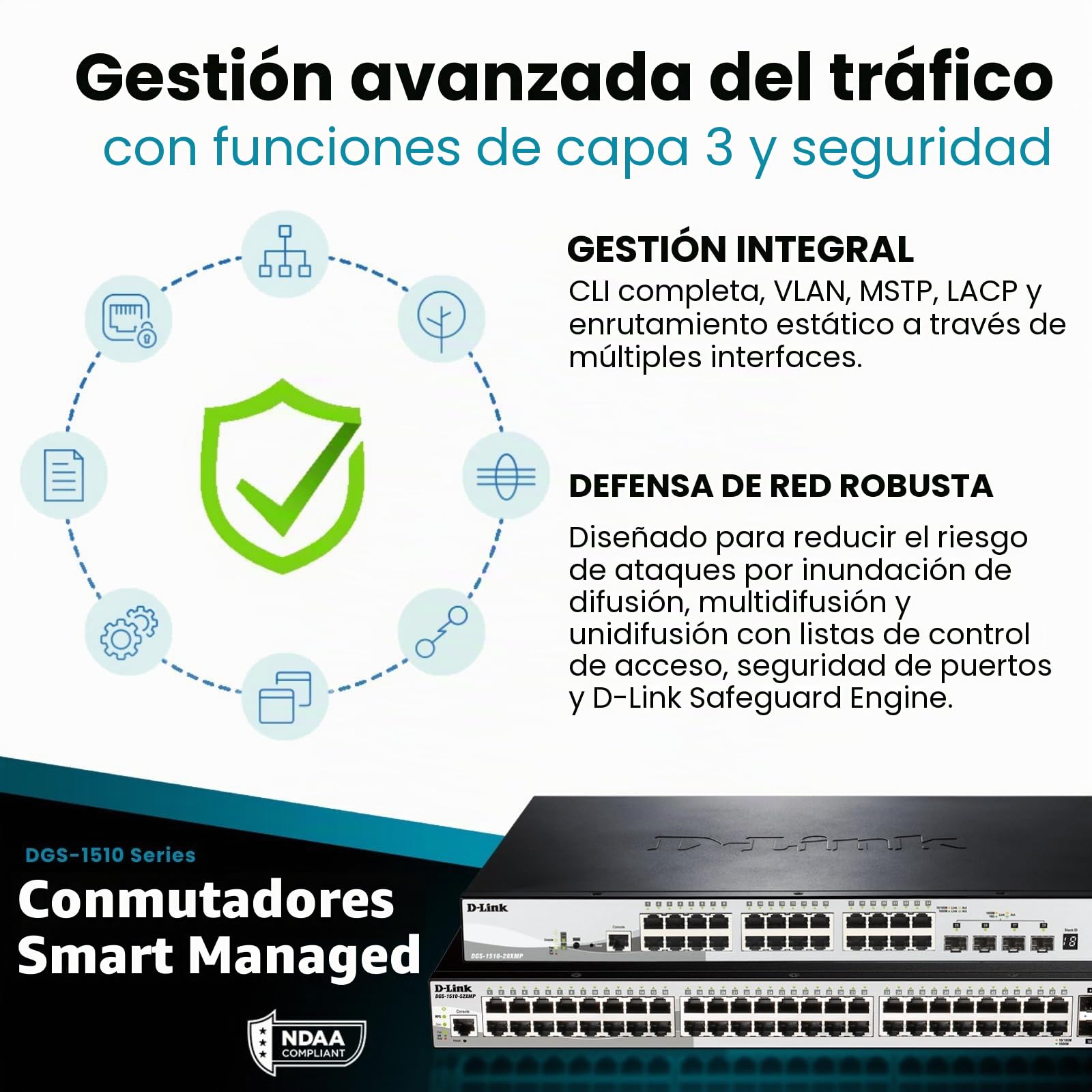 D-Link DGS-1510-28X - Switch 24 puertos Gigabit L2+ (funcionalidades L3) y 4 puertos 10G SFP+, apilable, altura 1U, VLAN automática para video vigilancia y telefonía IP