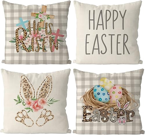 Juego de 4 fundas de almohada de Pascua de 18 x 18 pulgadas diseño floral de búfalo a cuadros almohada decorativa de conejo huevos de conejo