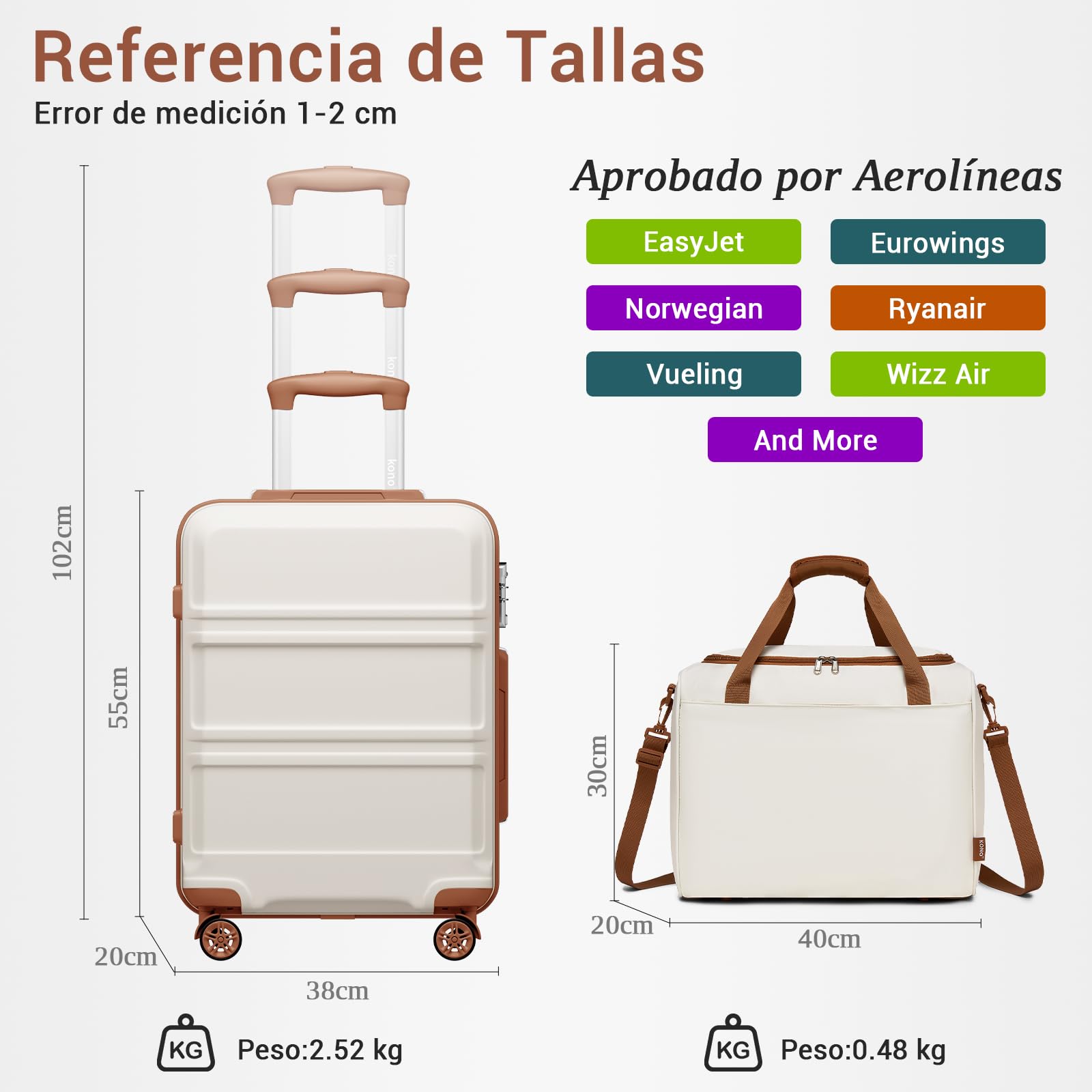 Kono Juego de Maletas de Viaje de 2 Piezas Ligeras 52x38x21cm ABS Carcasa Dura Equipaje de Mano con Cerradura TSA + Maleta de Cabina Ryanair 40x20x25cm (Blanco Crema)