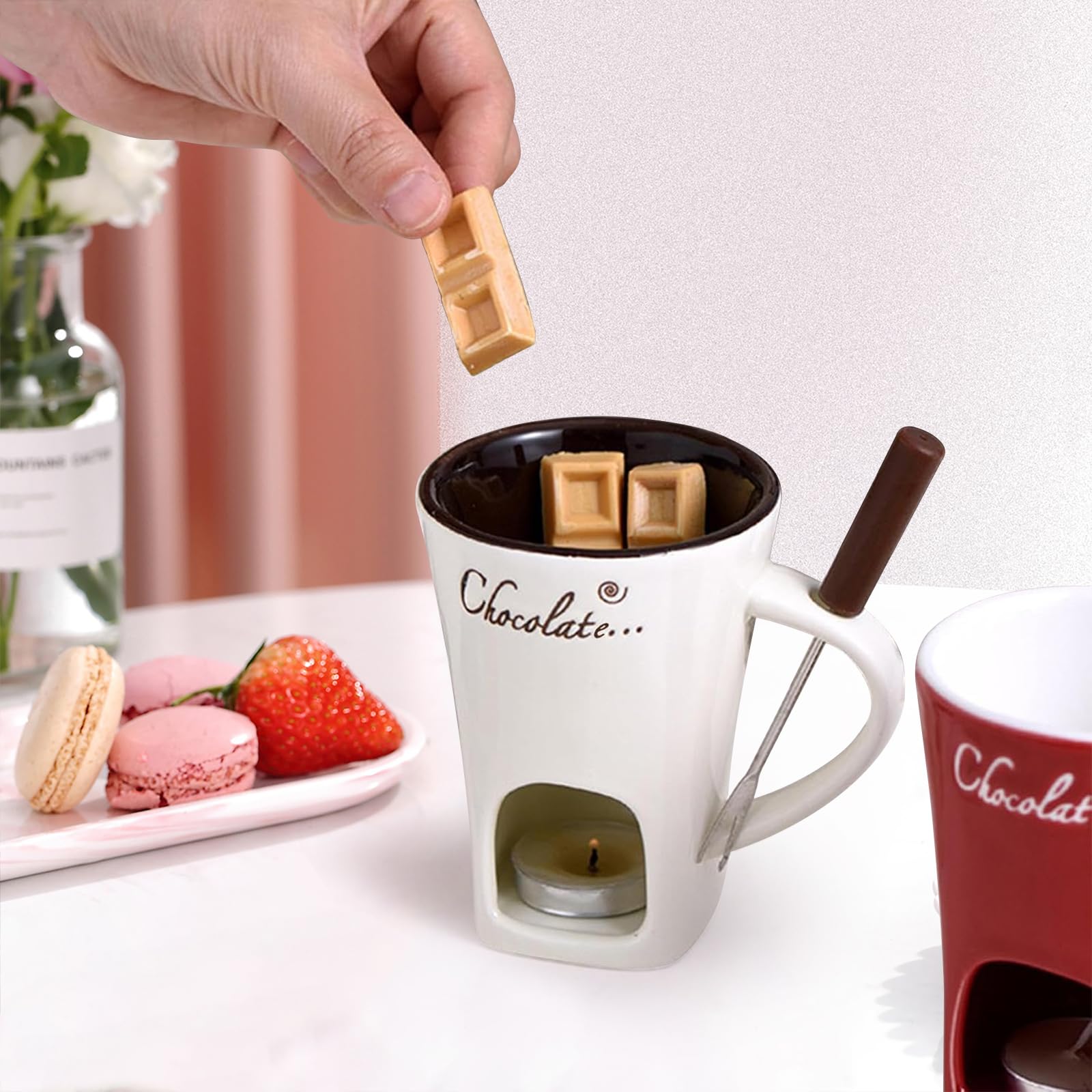 Tasse à fondue au chocolat en porcelaine de 200 ml avec fourchettes, ensemble de chauffe-beurre en céramique, tasse chauffante en céramique pour bonbons, collation, caramel (blanc cassé)