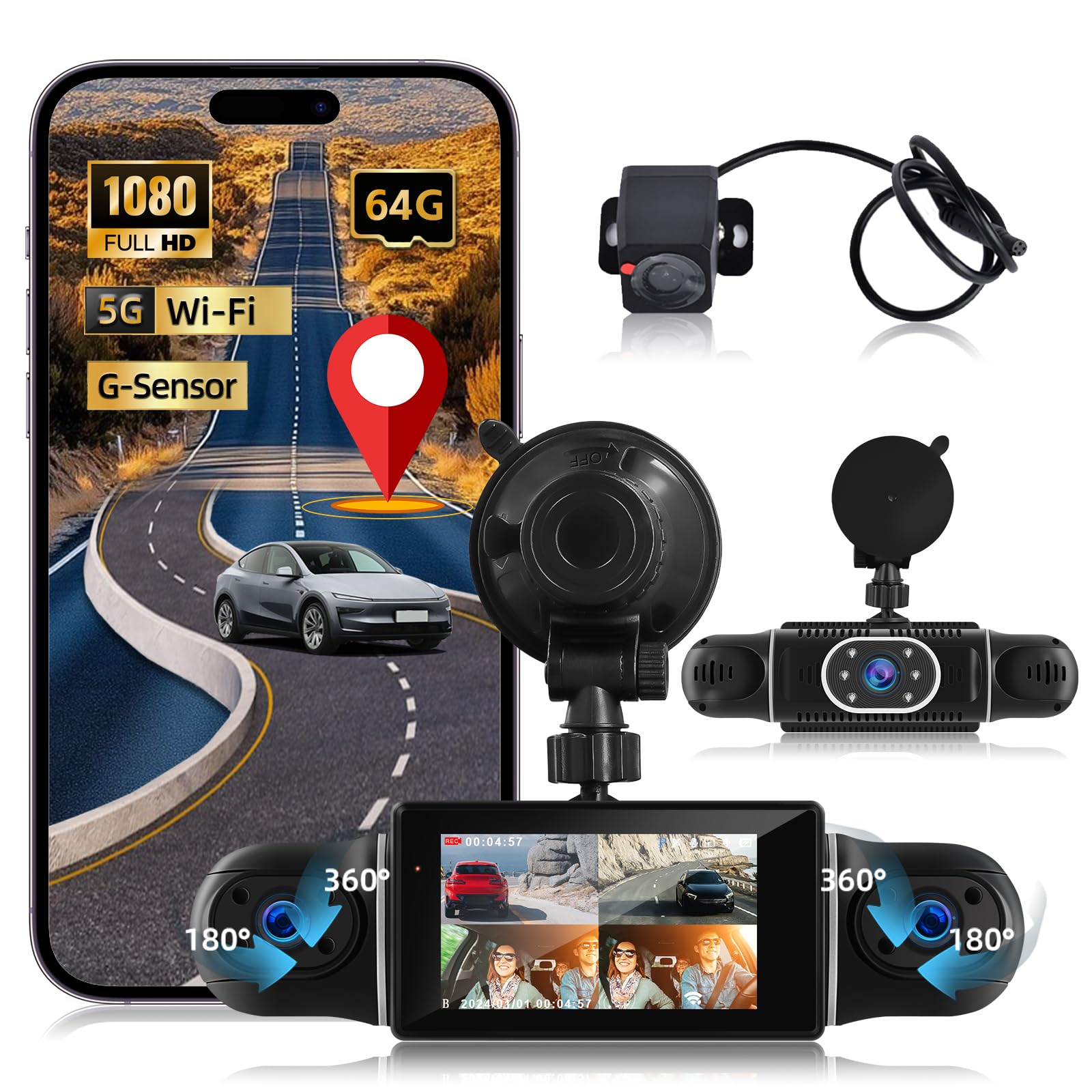 NHOPEEW Dash Cam a 360° a 4 canali per auto - Videocamera da cruscotto 1080P con controllo tramite app Wi-Fi, visione notturna/registrazione in loop/monitoraggio parcheggio/sensore G