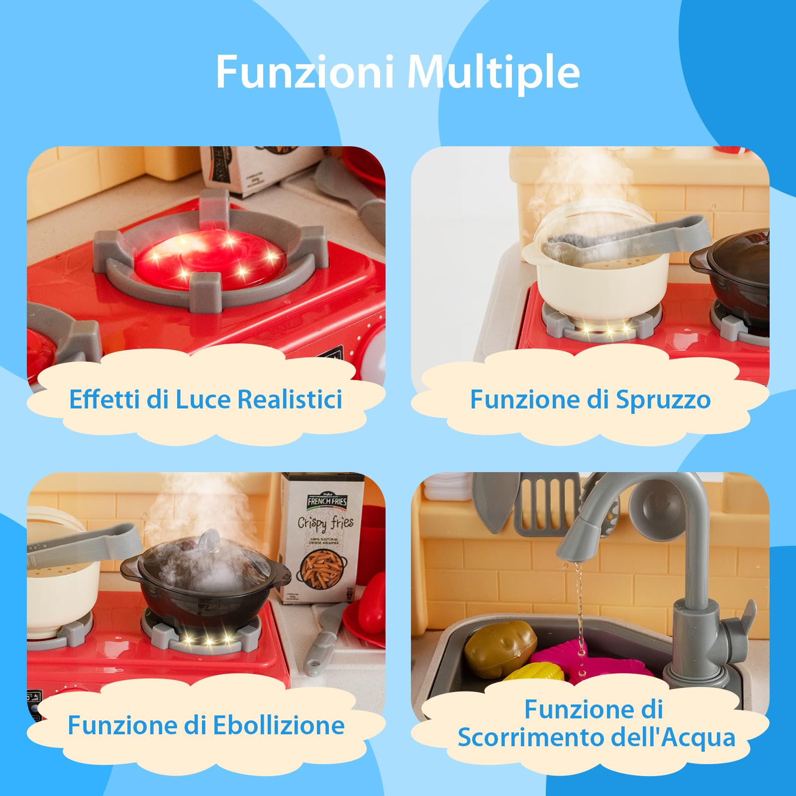 COSTWAY Cucina Giocattolo per Bambini, Cucina per Bambini con Forno, Microonde, Lavello e Rubinetto, Funzione Luci e Suoni, Vapore e Ebollizione, 69 Accessori, per 3+ Anni (Blu)