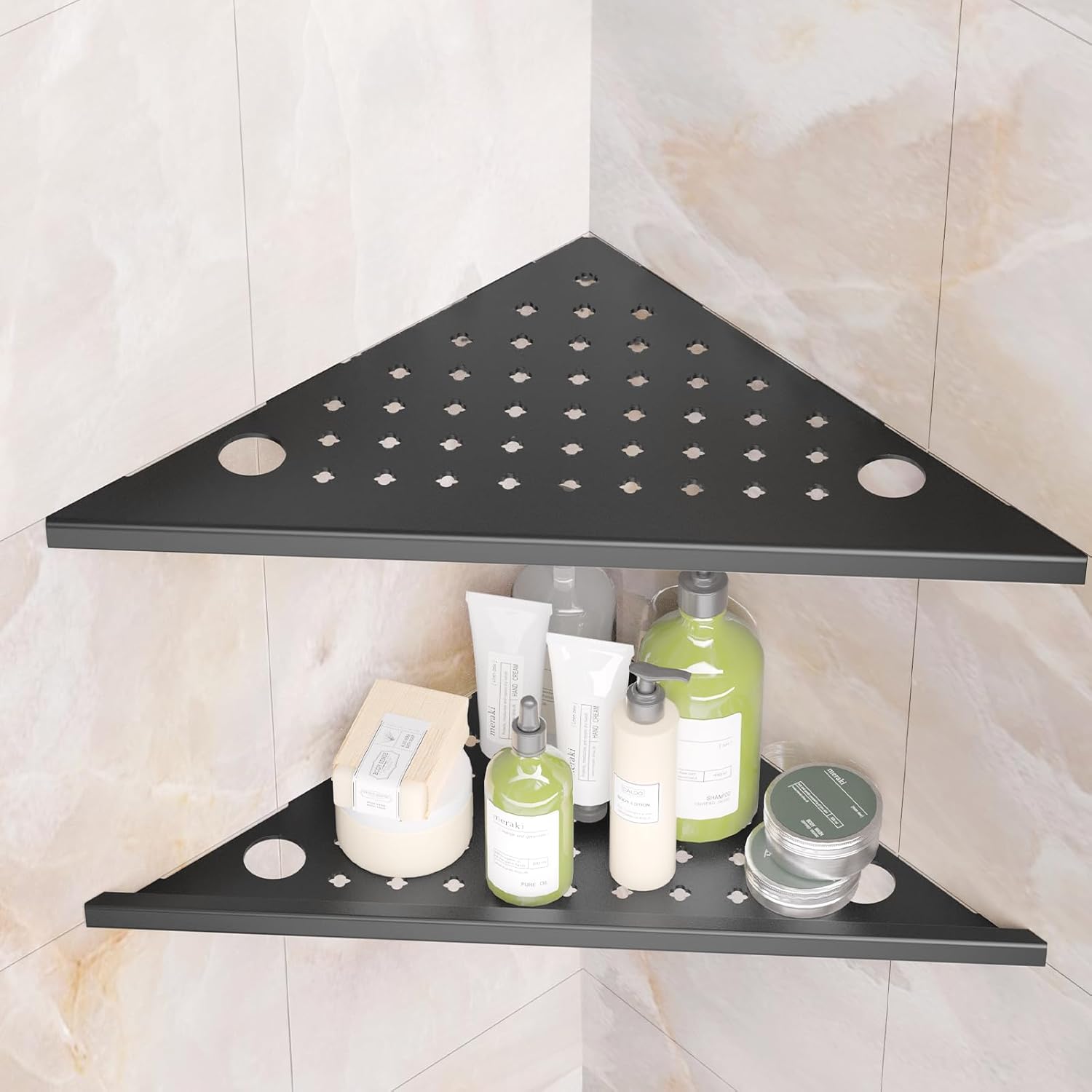Corner Shower Shelves 2-Pcs, 10” Rustproof 304 Stainless Steel Shower Corner Shelf with Razor Holder, Recessed Bathroom Shower Shelf for Tiled Wall