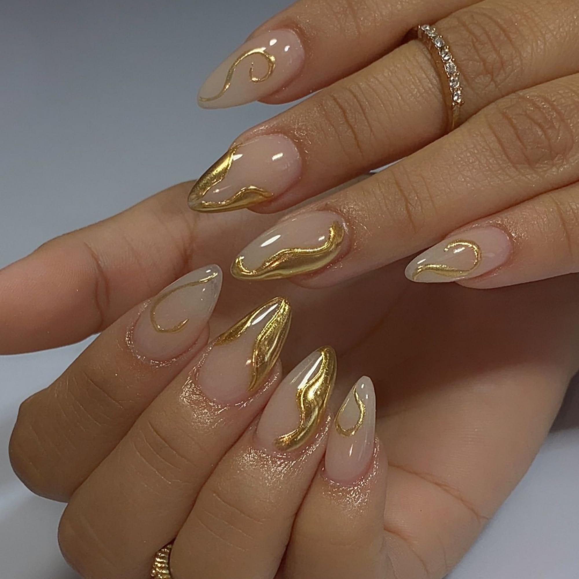 KaleidNail Nude Almond Press on Nails 24 PCS Glossy Gold False Nails Medium Length Fake Nails Full Cover Stick on Nails Art for Women and Girls Daily Decoration