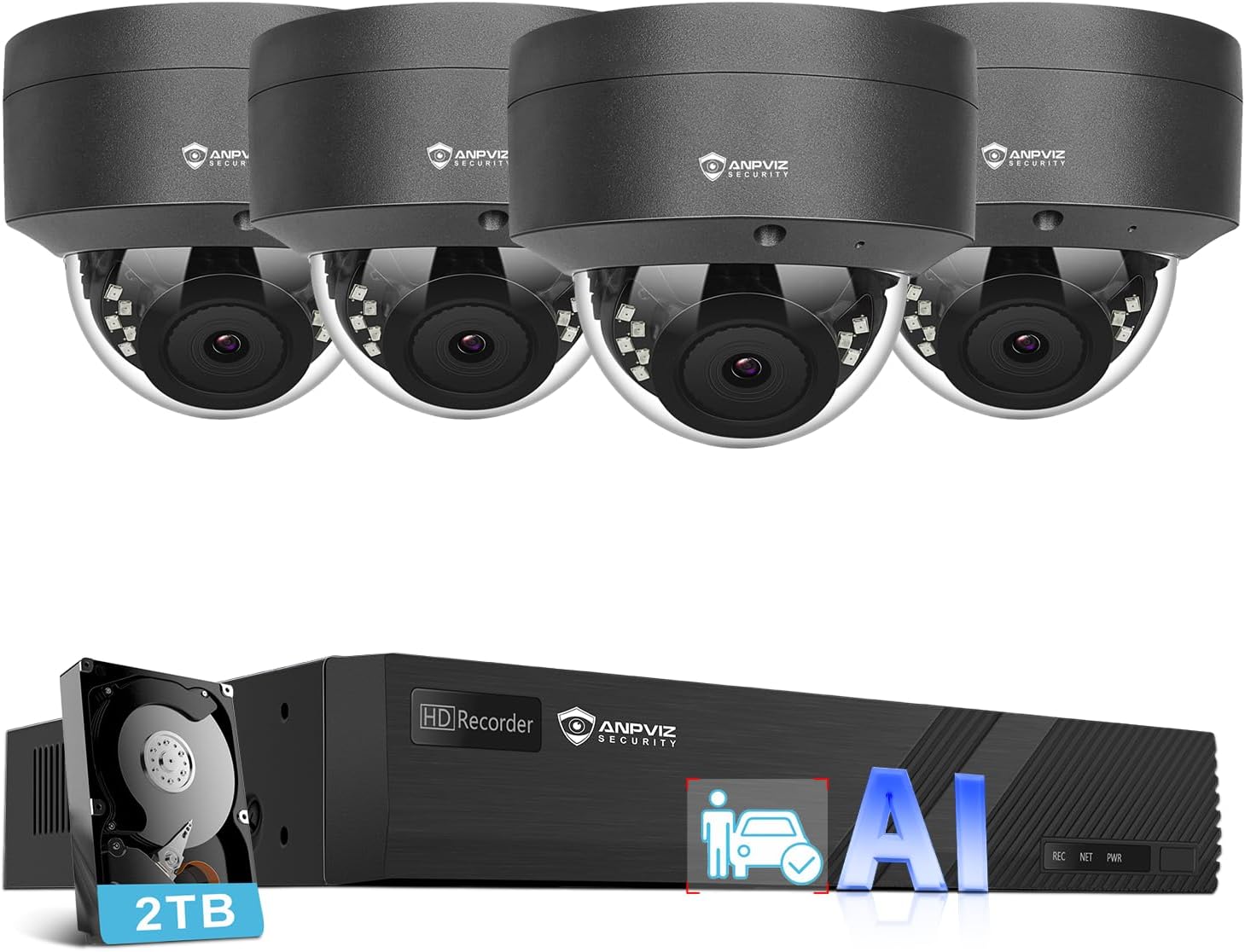 Anpviz 8 Channel 6MP PoE Security Camera System, 4X 6MP Wired IP PoE Dome Camera Black with Smart AI Human Vehicle Detection, Built-in Mic,Remote Acces 4K 8CH NVR 2TB HDD, NDAA, SMB Solution