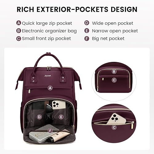 Miniatura 3 de LOVEVOOK Mochila para laptop para mujer, mochila para mujer a la moda, Rojo vino, Mochilas de viaje