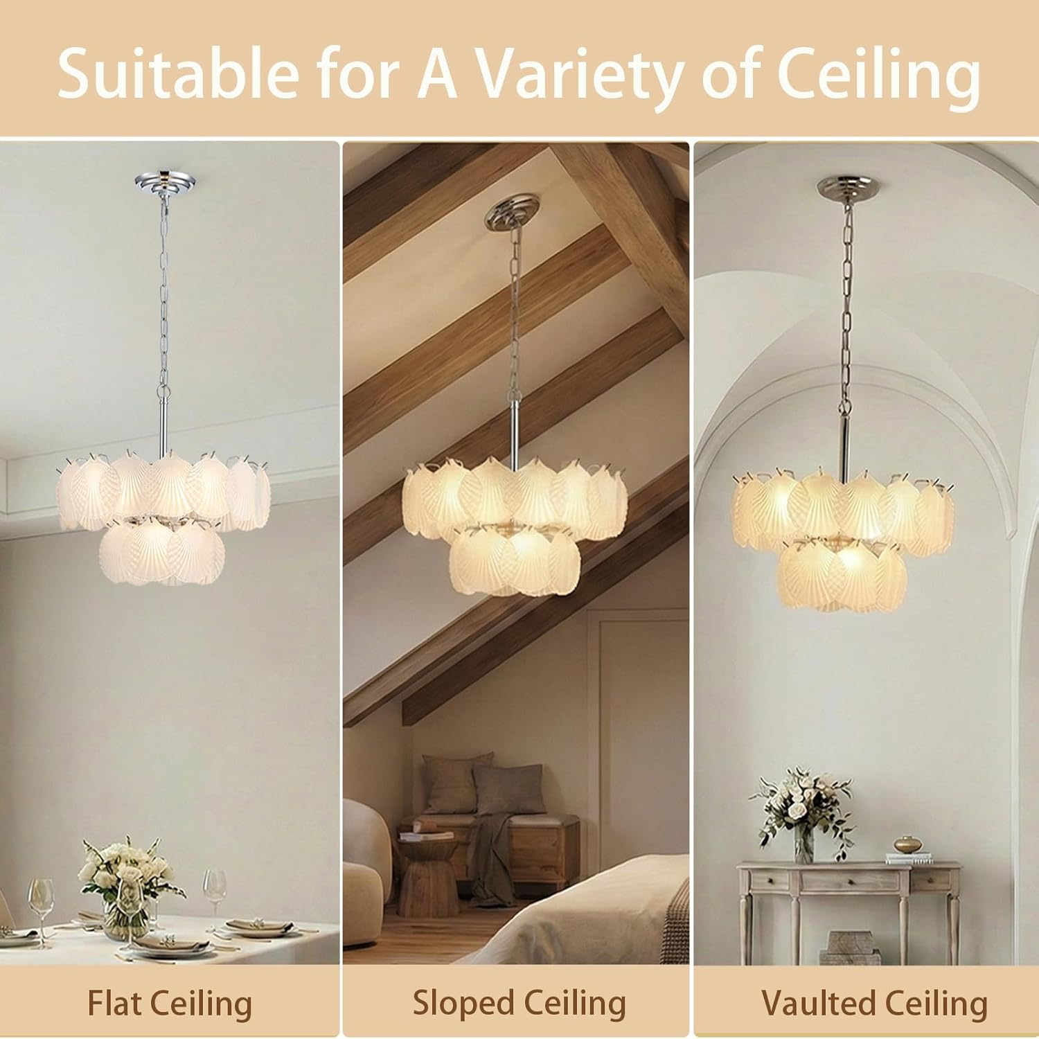 Round Seashell Chandelier 5-Light 2 Layer Glass Shell Chandelier Adjustable Height Art Deco Coastal Ceiling Light Fixture for Dining Rooms Living Room