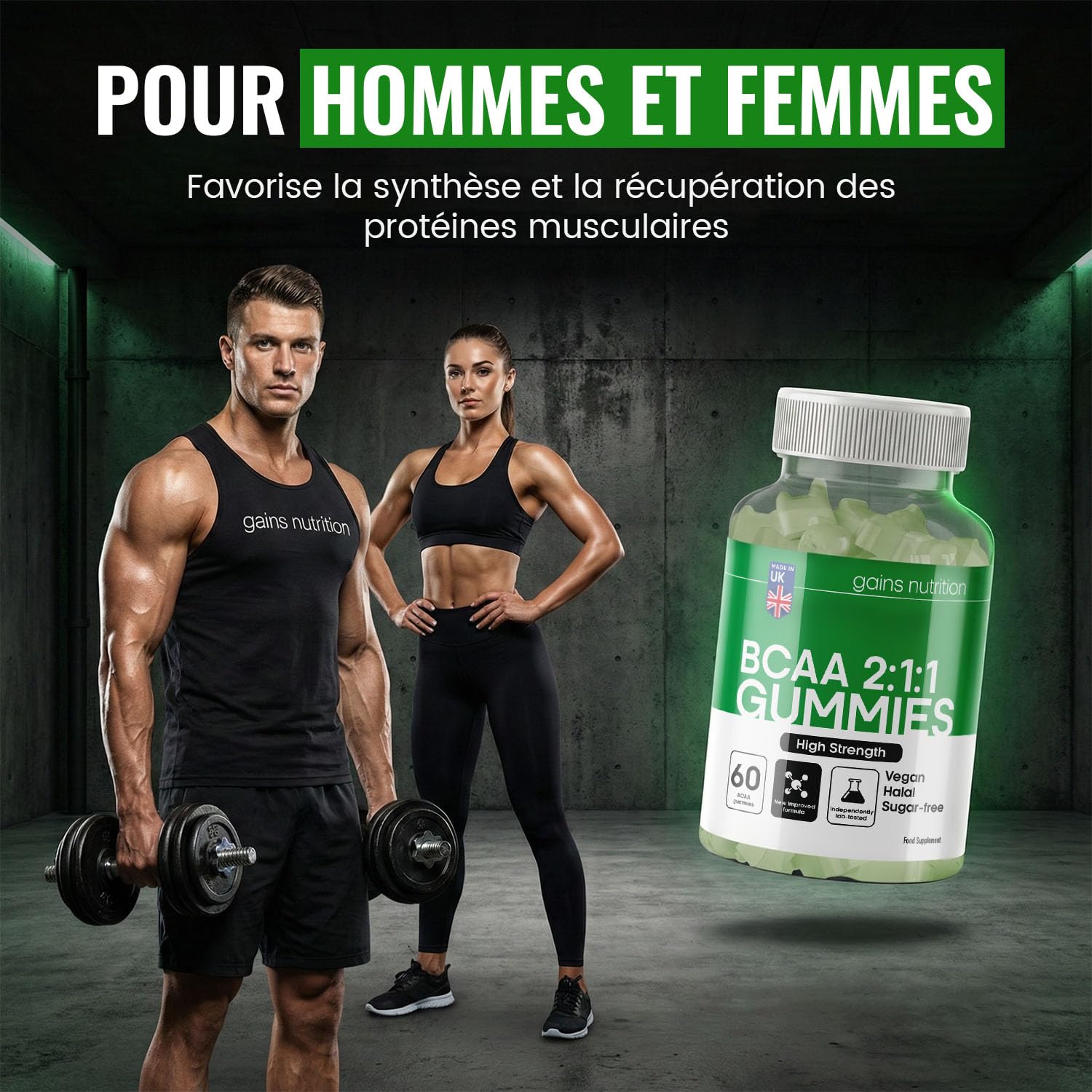 GN BCAA Gummies | 60 Gommes Acides Amines BCAA - 1000 mg Acide Aminé ramifié par portion - Complément L-Leucine L-Isoleucine L-Valine | Saveur pomme | Sans OGM Convient aux Végétaliens et Végétariens